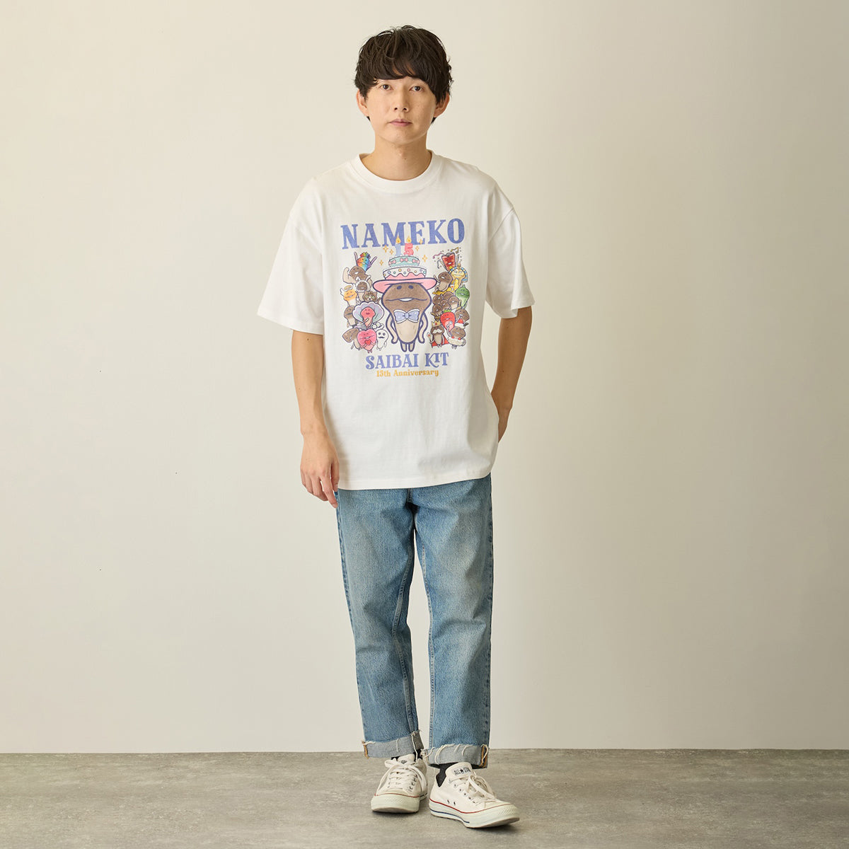 おさわり探偵 なめこ栽培キット Tシャツ 15周年 ホワイト