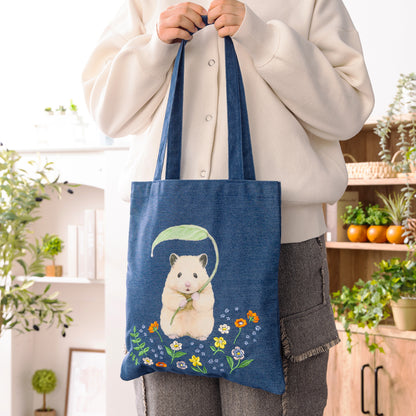 助六の日常 ボタニカルフラワー 刺繍のデニムトート