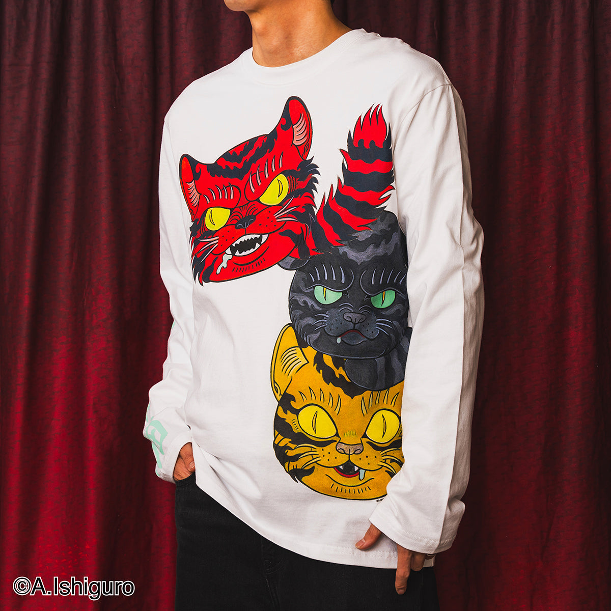 ばけねこだらけ ビッグシルエットロングTシャツ（だるまねこ） – Gray